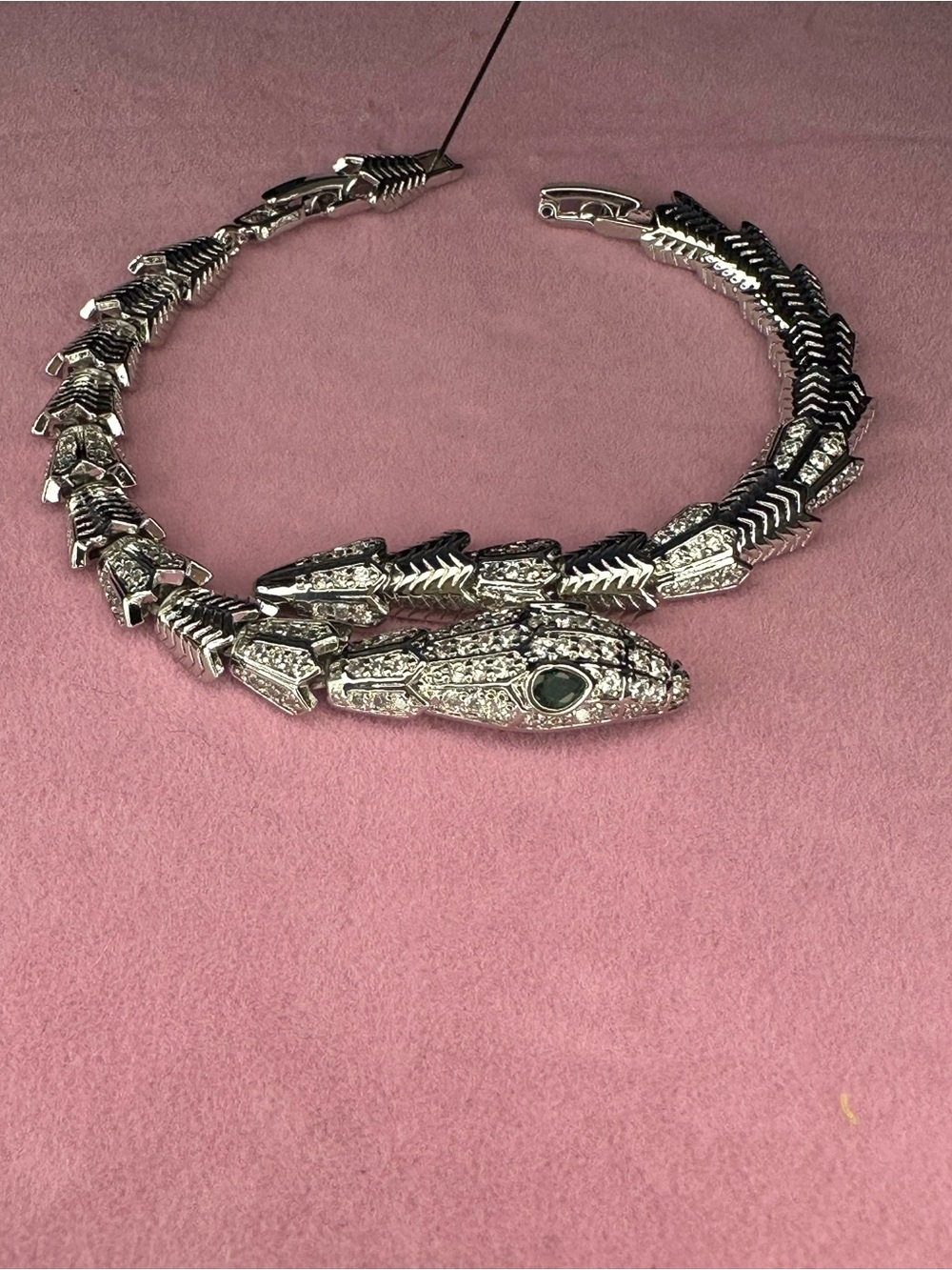 Silver Snake Link Choker Necklace with Green Eye